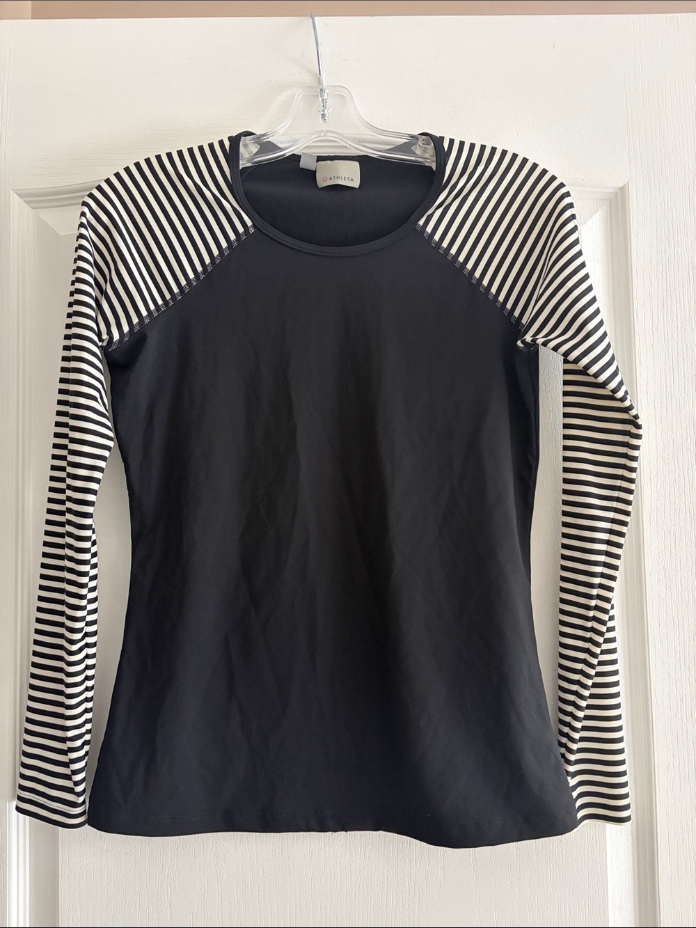 Athleta Black Long-Sleeve Raglan Top with Black & White Striped Sleeves